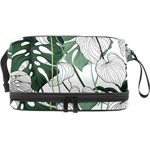 Witte Bladmake-up Zak Dubbele Laag Ruime Cosmetische Zakken voor Vrouwen en Meisjes Reizen Draagbare Toiletry Pouch met Rits, Meerkleurig, 27x15x14 cm/10.6x5.9x5.5 in, Make-up zakje