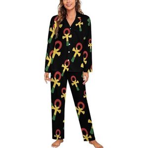 Rasta Ankh pyjamasets voor dames, tweedelige pyjamaset met knopen, nachtkleding met lange mouwen, top en broek, loungewear