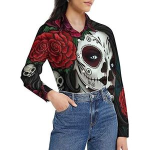 Day of the Dead Floral Skull Goth damesshirt lange mouwen button down blouse casual werk shirts tops L