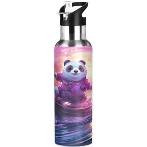 Purple Panda Abstract Surf Sport Waterfles Geïsoleerde Rvs Grote Vacuüm Fles, Lekvrije Thermosfles met rietje voor Reizen (600ml/1000ml)