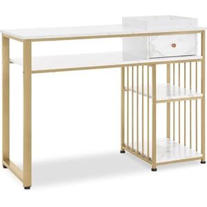 M MCombo bureau met laden, nageltafel met plank, manicuretafel van hout, metalen frame, kaptafel zonder spiegel, woonkamer modern, marmer wit goud, 45 x 110 x 80,5 cm, 2498