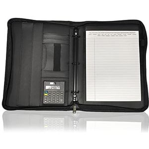 Afneembare Ringbinder en Notepad, A4 PU leren 3-rings map met rits, organizer, notitieblokvakken, pennenhouder, zwart(Black C)