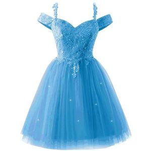 YIANN Sprankelende pailletten tule thuiskomst jurken voor tieners kant applicatie koude schouder cocktail party jurk, Blauw, 32