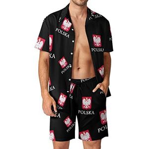 Patriottische Poolse Polska vlag Hawaiiaanse bijpassende set 2-delige outfits button down shirts en shorts voor strandvakantie