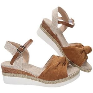 Retro Espadrille Sandalen Met Sleehak Elegante Damessandalen Met Strikken Zomer Peep Toe Slippers Met Gesp Platform Romeinse Sandalen Vrijetijdsstrandschoenen (Color : Brown, Size : 36 EU)