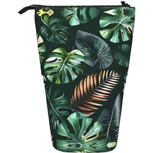 Nbtghga Tropische Bladeren Print Potlood Telescopische Klassieke Kunsten Stand Up Potlood Case Organizer Potlood Houder Make-up Tas Gift, Zwart, Eén maat