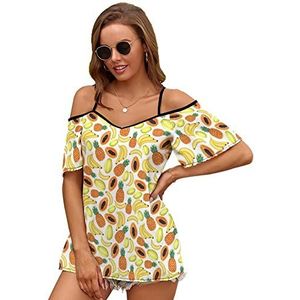 Banaan Ananas Fruit Patroon Vrouwen Blouse Koude Schouder Korte Mouw Jurk Tops T-shirts Casual Tee Shirt M