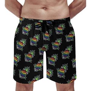 Rainbow Pineapple Zwembroek voor heren, casual strandshorts met compressieling, sneldrogende badmode met zakken, M