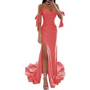 WSEYU Off Shoulder Satijn Bruidsmeisjes Jurken Zeemeermin Prom Jurk Corset Formele Avondjurk Hoge Split Bruiloft Gast Jurk, Koraal, 56