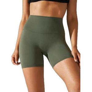 Vrouwen Sport Korte Yoga Legging Shorts Squat Proof Hoge Taille Fitness Strakke Shorts Sneldrogend Fietsen -Leger Groen-XL