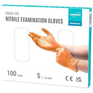 EUROPAPA® 100 x nitrilhandschoenen, wegwerphandschoenen, onderzoekshandschoenen, nitril handschoenen, poedervrij, zonder latex, niet-steriel, latexvrij, wegwerphandschoenen (S, Oranje)