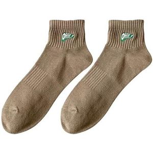 Katoenen sokken for heren, lente en zomer, korte sokken met geborduurde letters, effen sportbootsokken, zweetabsorberende sokken (5 paar)(Color:Coffee)