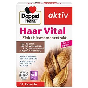 Doppelherz Vital Hair + zink + gierstzaadextract - met biotine als bijdrage aan het behoud van het haar - koper ondersteunt het behoud van de haarkleur - verpakking van 2 (2 x 30 capsules)