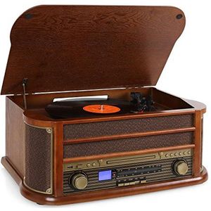 auna Belle Epoque 1908, retro-systeem, stereo, draaitafel, riemaandrijving, stereoluidspreker, radiotuner, marifoonontvanger, USB-sleuf, cd-speler, cassettedeck, houten koffer, bruin