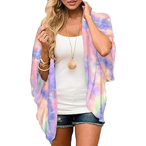 Fansu Dames Chiffon Beach Cover Up, Multicolor Tie-Dye Cardigan Blouse Plus Size Zomer Open Front Kimono Vest Losse Sjaal Casual Beachwear voor Dames, Paars, XL
