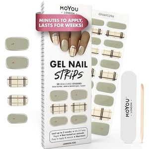 MOYOU LONDON Semi-geharde uv-gelstrips, 20 stuks, gelnagelfolie, UV-hardend voor manicure in salonkwaliteit, set met nagelvijl en houten nagelriemstokjes - London Fog