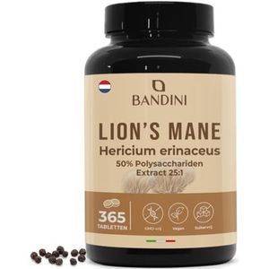 Bandini® Lions Mane Veganistisch - Hericium Erinaceus 2000 mg 1 jaar - 365 Hericium-tabletten met zwarte peper - 50% polyfenolen - Leeuwenmanen 1 tablet per dag - Lion's Mane-paddestoel - 25:1-extract