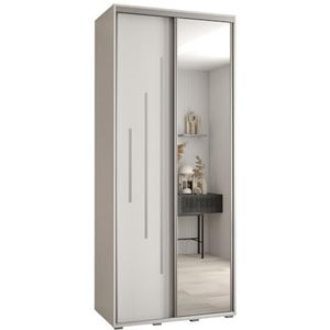 MEBLE KRYSPOL Davos 13 100 Kledingkast met twee schuifdeuren voor slaapkamer - Moderne Kledingkast met spiegel, kledingroede en planken - 235,2x100x45 cm - Wit Wit Zilver