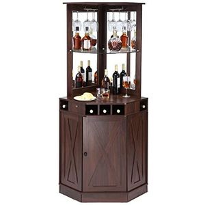 VEVOR Industriële barkast voor hoek, barkast voor likeuren en glazen, dressoir met glashouder, grote vrijstaande wijnstandaard van hout voor woonkamer, huis, bar, café, bruin
