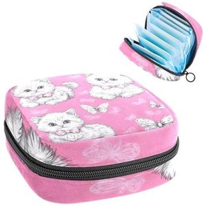 1 x maandverband, grote maandverband, organizer, herbruikbare eerste menstruatietas voor meisjes, dames, dames, 17 x 17 x 12 cm, schattige katten met strikken en vlinder op roze achtergrond