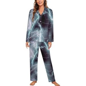Electrifying Thunder Bolt Print Lange Mouw Pyjama Sets Voor Vrouwen Klassieke Nachtkleding Nachtkleding Zachte Pjs Lounge Sets