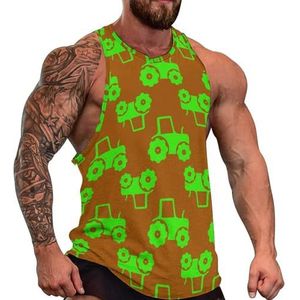 Groene tractor op bruine heren tanktop grafische mouwloze bodybuilding T-shirts casual strand T-shirt grappige sportschool spier