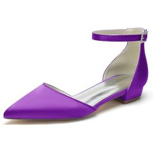 Dames Gespitste Satijnen Bruidsschoenen Platte Lage Hakken Enkelband Ivoor Bruidsschoenen,Dark purple,35 EU