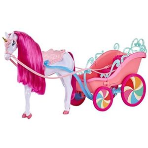 MGA's Dream Ella Candy Carriage en Unicorn - geparelde witte eenhoorn paard met gouden glitter hoorn, helder roze manen en hoofdstel, teugels, zadel en roze wagen met Snoep Glitter Railing - 3+ jaar