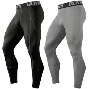Boyzn Set van 2 compressiebroeken voor heren, sportlegging, ademend, fitness, panty, functionele onderbroek, lang, voor hardlopen, wandelen, fietsen, Set van 2 zwart/grijs, M