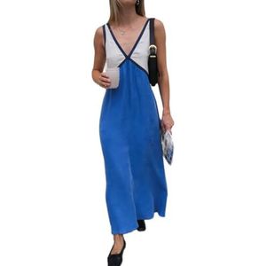 Dames mouwloze diepe v-hals losse effen lange maxi-casual jurk(Color:Blue,Size:X-Large)
