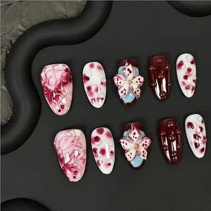 10 stuks rode handgemaakte nagels 3D gesneden witte bloem nepnagels middellange amandelvormige opdruknagels spot design nail art(M)
