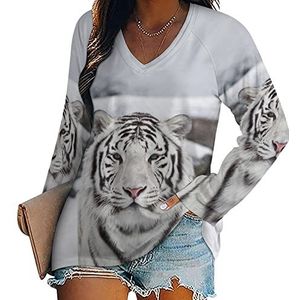 Witte tijger in de sneeuw nieuwigheid damesblouse tops V-hals tuniek t-shirt voor legging lange mouw casual trui