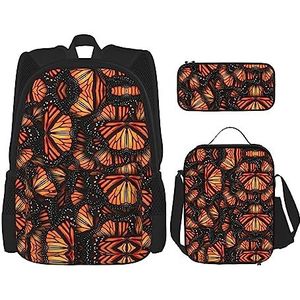 SUHNGE Kerst Winter Landschap Herten Print Travel Backpack3 Stuks Set, Lichtgewicht Waterbestendig Boekentas, Lunch Tas, Potlood Case, Heaps van Oranje Monarch Vlinders, Eén maat