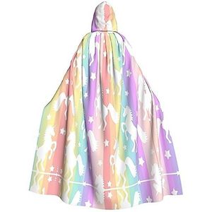 Bxzpzplj Eenhoorns op kleurrijke strepen capuchon mantel voor mannen en vrouwen, carnaval tovenaar kostuum, perfect voor cosplay, 185 cm