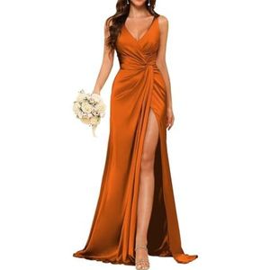 Dames V-hals bruidsmeisje jurk mouwloze split satijn geplooide formele jurk, Oranje, 32