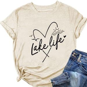 Lake Life Liefde Hart Tees Shirt Vrouwen Lake Vakantie Tops Casual Ronde hals Korte Mouw Trui Zomer Tops, Beige, XL