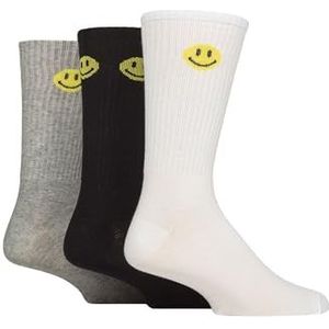 SockShop Wildfeet Sportsokken voor heren, katoen, 3 stuks, Wit/Grijs/Zwarte Smiley, 41-45 EU