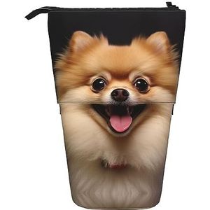 RLDOBOFE Gelukkig kortharige Pomeranian Print Potlood Tas Stand-Up Intrekbare Potlood Doos Organizer Pen Houder Opbergtas Cosmetische Tas Voor Office Kerst Vakantie Gift, Zwart, Eén maat
