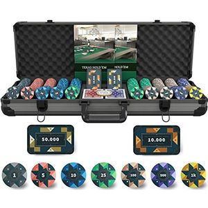 Bullets Playing Cards - Pokerkoffer Paulie Deluxe pokerset met 500 keramische pokerchips met opgedrukte waarden, pokerhandleiding (mogelijk niet beschikbaar in het Nederlands), plaques, dealer button en plastic pokerkaarten