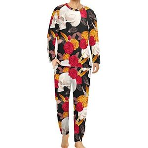 Schedel en bloemen comfortabele herenpyjama set ronde hals lange mouwen loungewear met zakken L