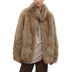 HGKPFGTG Dames Imitatiebont Jas Slim Fit Mode Opstaande Kraag Lange Mouwen Pluizig Elegant Fuzzy Winterjasje,Light brown,L
