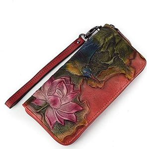 Dkee Leather Money Wrapping Lange Europese en Amerikaanse Zipper Wallet Retro Flower Pattern Multi-card hoofd laag koeienhuid Wallet 19 * 9,5 * 2,5 cm Buitenrugzak (Color : Red)