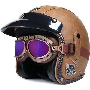 Jethelm met vizier, retro pilotenhelm voor brildragers, scooterhelm voor dames en heren in vintage look, motorhelm, ECE-certificering B,M=55-56CM