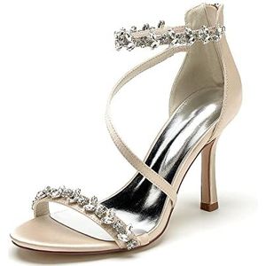 GHSIRUEU Bruiloft Hakken Voor Vrouwen Naaldhak Open Teen Steentjes Satijn Avond Feestjurk Pumps Schoenen,Champagne,36 EU