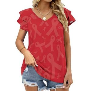 Aids Awareness Rood Lint Grafische Blouse Top Voor Vrouwen V-hals Tuniek Top Korte Mouw Volant T-shirt Grappig