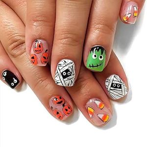 Halloween nepnagels - 24 stuks gotische persnagels - korte vierkante nepnagels met lijm - schattige pompoen mummie nail art acryl nageltips for vrouwen