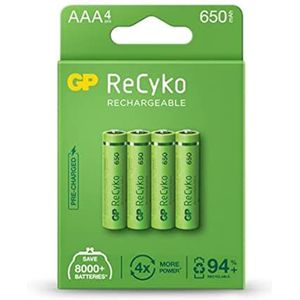 GP Oplaadbare batterijen grootte AAA 4 stuks 650 mAh Recyko samenstelling NiMH, voorgeladen.