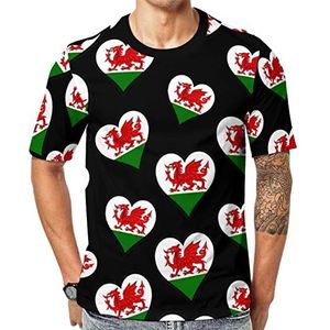 Welsh Dragon Flag with Heart Crew T-shirts met korte mouwen voor heren, casual atletische zomertops