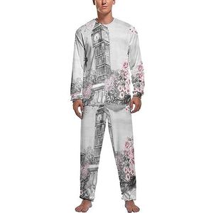 Britse Big Ben met roze bloemen zachte heren pyjama set comfortabele lange mouwen loungewear top en broek geschenken 2XL