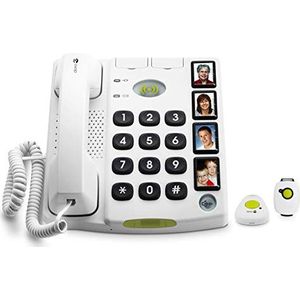 Doro Secure 347 snoergebonden grote toetstelefoon met 4 directe keuzetoetsen incl. 2 mobiele noodwaarschuwingsarmgevers, wit